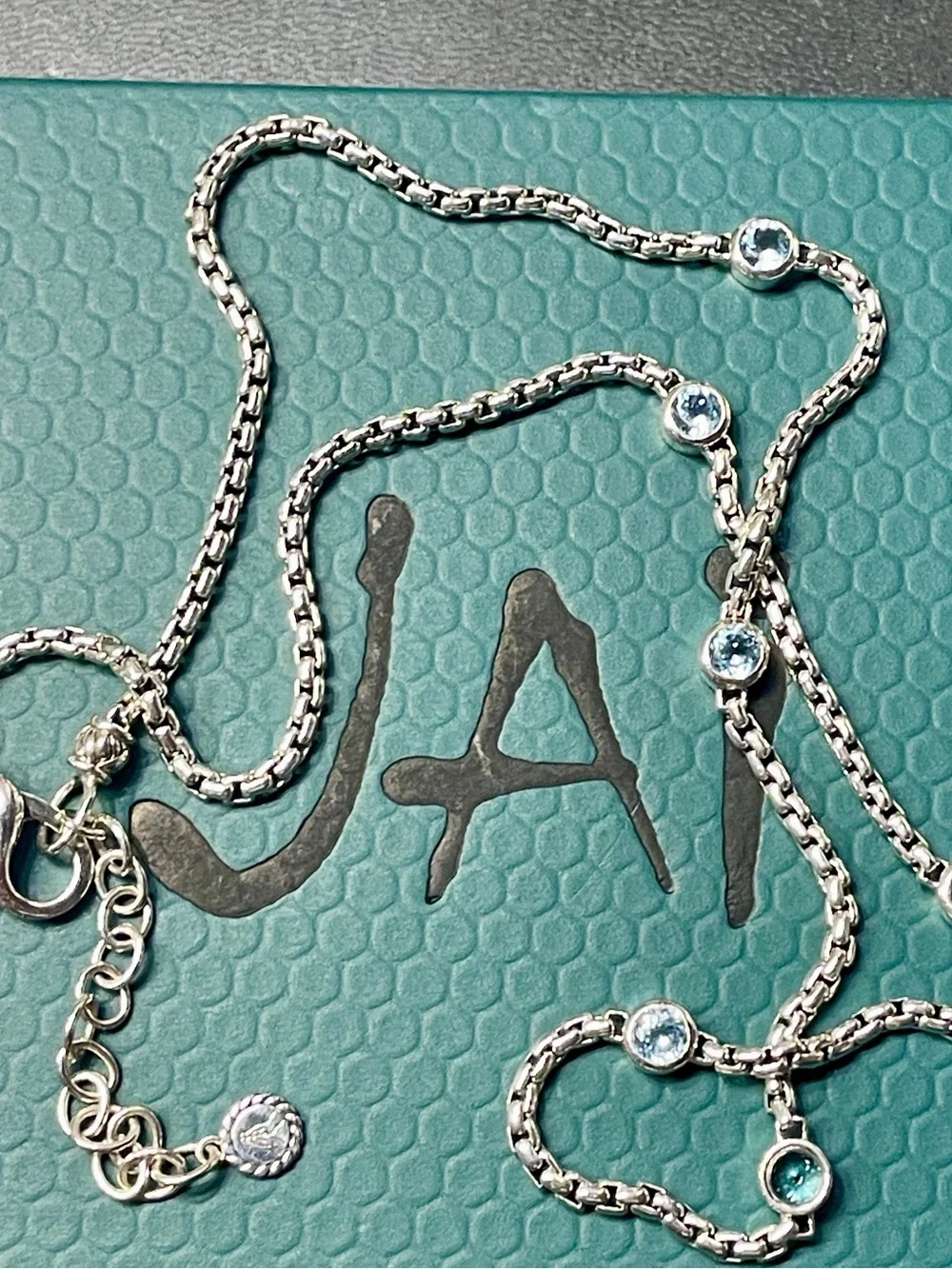 John Hardy JAI Sterling Box Chain Bezel Sky Blue Topaz Station Necklace. NWT